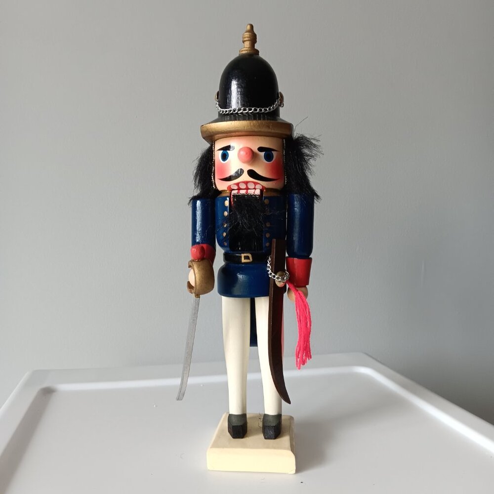 Santa's Workbench Wood Nutcracker 10" Tall Decoration Mouth Opens Hand Made Blue